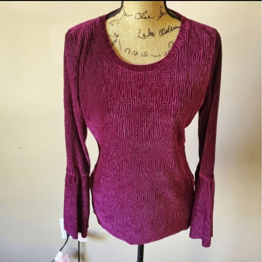 Tribal Velvet Maroon Crushed Bell Sleeve Top Scoop Neck Pullover Blouse P/S